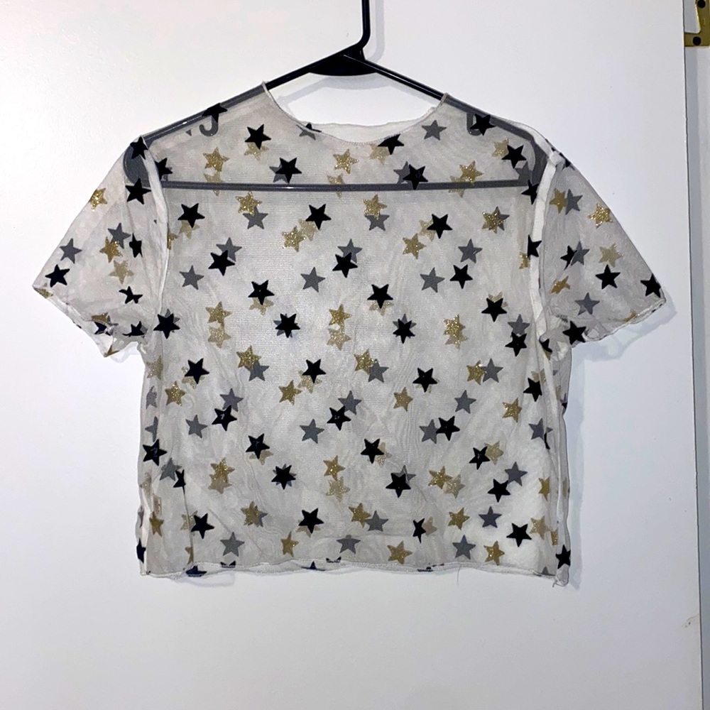 Sheer/See Through Mesh White w Black/Gold Star T-Shirt Crop Top (S/M)